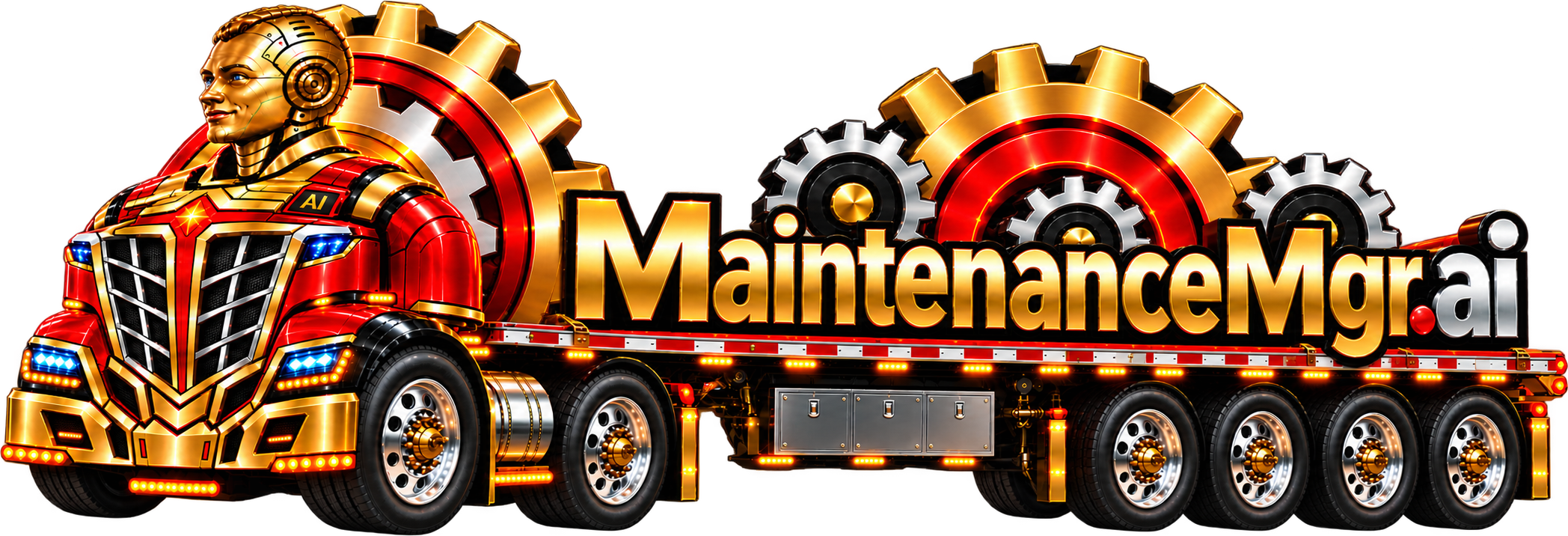 MaintenanceMgr.ai: a red and gold semi truck with a gold AI driver hauling a flatbed with the MaintenanceMgr.ai name